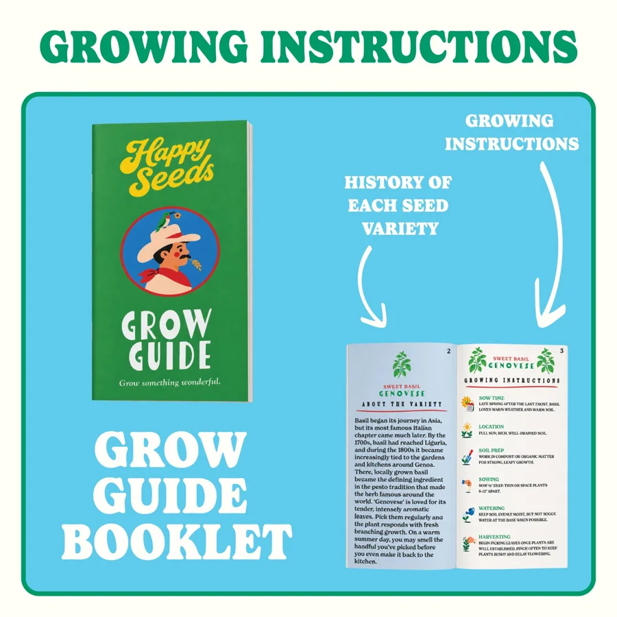 The Happy Seeds grow guide booklet, with the history and growing instructions for each herb