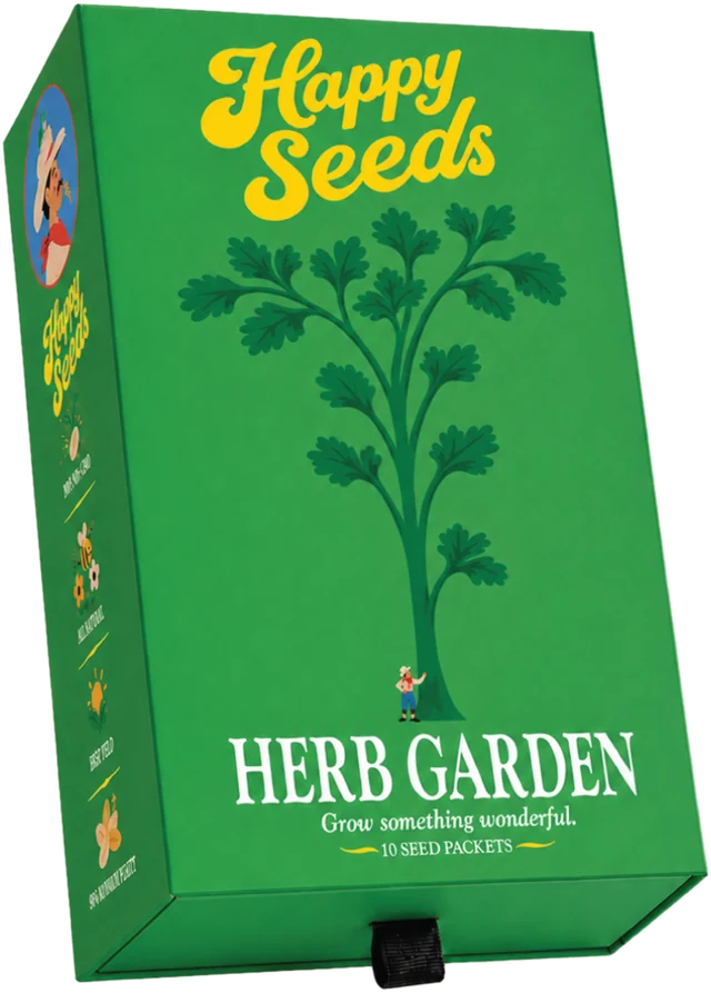 Happy Seeds Herb Garden kit box: green keepsake box with the yellow Happy Seeds logo